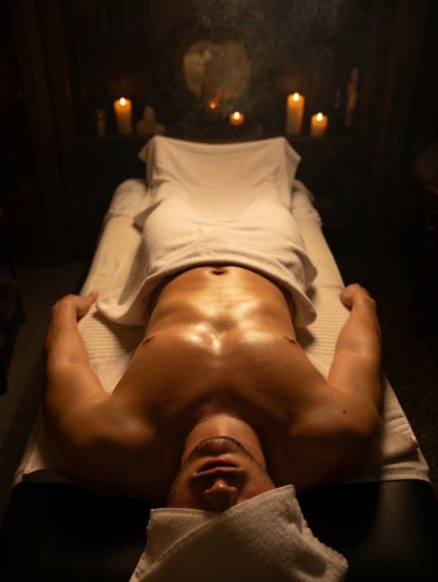 A man lying face up with eyes closed on a massage table in candlelight