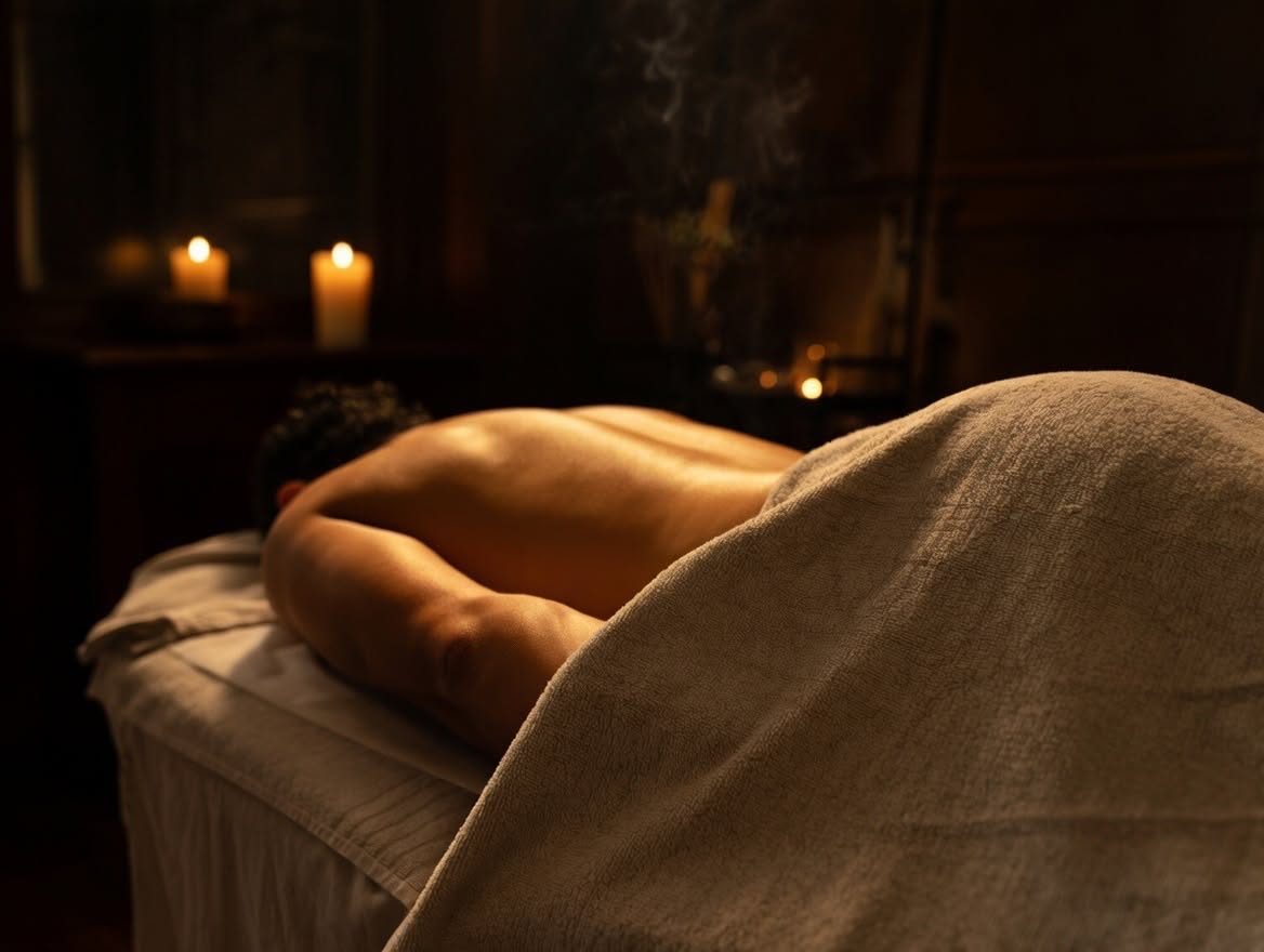 A man resting under a soft towel on a massage table in a candlelit room